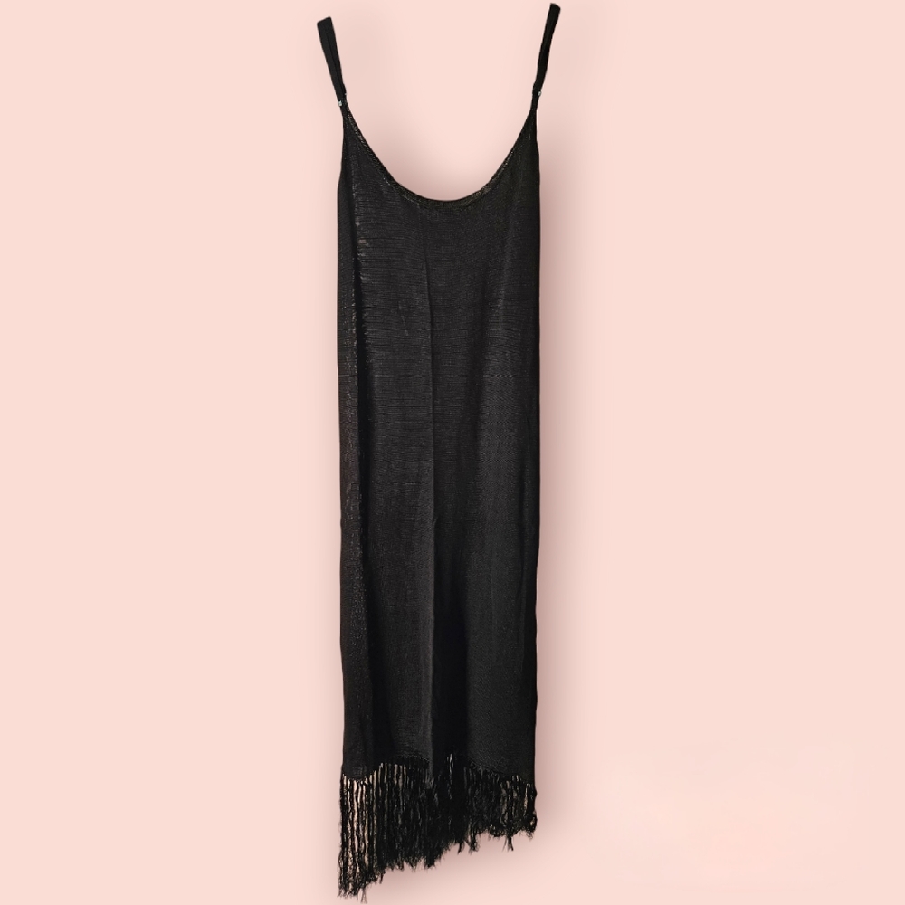 NWOT/Sandro black knit slip dress adjustable straps and asymmetrical fringes
